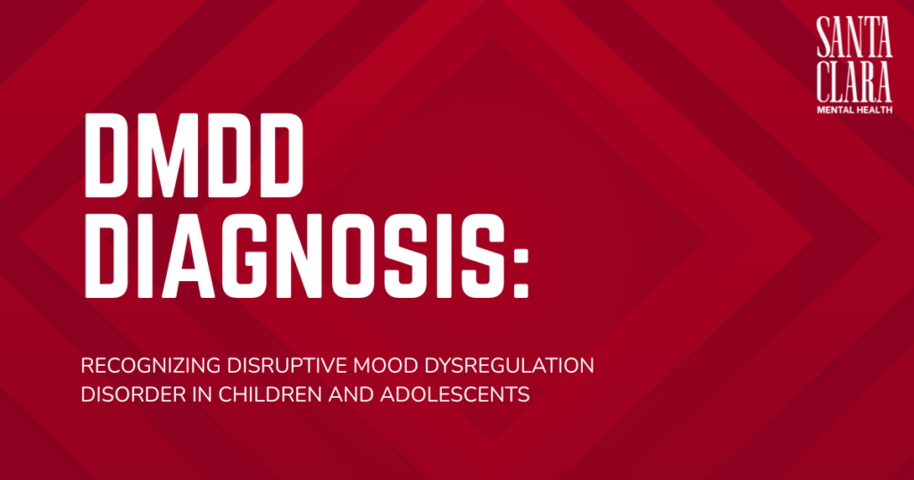 Title slide: 'DMD DIAGNOSIS:' with subtitle 'Recognizing disruptive mood dysregulation disorder in children and adolescents' on a red geometric background (Santa Clara Mental Health).